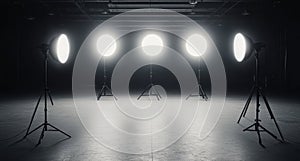 Lighting setup in a dark studio with smoke effects creating dramatic atmosphere for a shoot