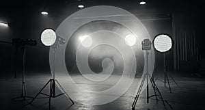 Lighting setup in a dark studio with smoke effects creating dramatic atmosphere for a shoot