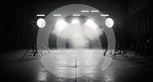 Lighting setup in a dark studio with smoke effects creating dramatic atmosphere for a shoot