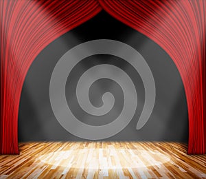 Lighting on stage. red curtain and wooden floor interior background.