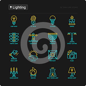 Lighting thin line icons set: bulb, LED, CFL, candle, table lamp, sunlight, spotlight, flash, candelabrum, bonfire, menorah,