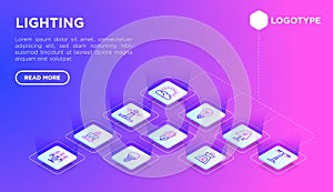 Lighting web page template with thin line isometric icons: bulb, LED, CFL, candle, table lamp, sunlight, spotlight, flash,