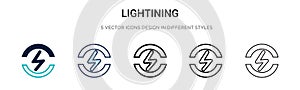 Lightining icon in filled, thin line, outline and stroke style. Vector illustration of two colored and black lightining vector photo