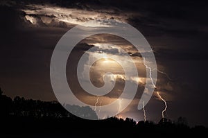 Multiple lightining thunder storm at night