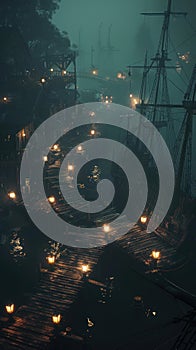 On a lightless evening a secret pirate haven emerges from the fog Lanterns flicker on the wooden docks revealing shadowy figures