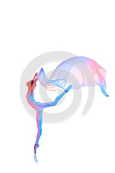 Lightness and freedom. Beautiful young ballet dancer in motion with with flying transparent fabric isolated on white