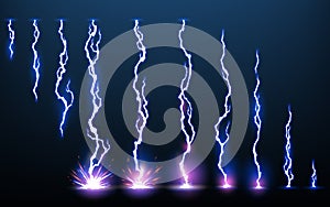 Lightning animation set with sparks. Electricity thunderbolt danger, light electric powerful thunder. Bright energy photo