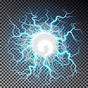 Lightning ball isolated on dark checkered background. Transparent round thunderbolt effect. Realistic lightning decoration pattern