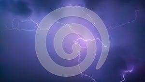 Lightning bolt between black clouds at night, amazing and dramatic view
