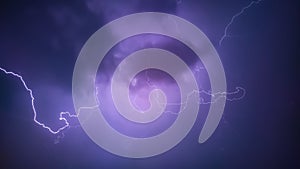 Lightning bolt between black clouds at night, amazing and dramatic view