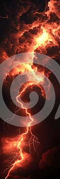 Lightning bolt with branching fingers. Scary massive red strike with dark clouds vertical image