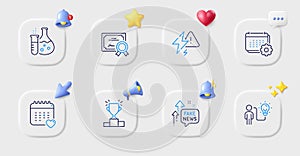 Lightning bolt, Fake news and Healthcare calendar line icons. For web app, printing. Vector
