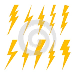 Lightning bolt. Flash of thunderbolt. Icon of thunder, thunderstorm and electric power. Orange logo of shock. Symbol for storm and