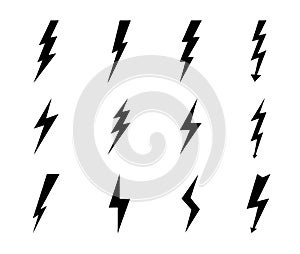 Lightning bolt icon. Electric power arrow, thunderbolt strike. Black voltage sign. Danger concept. Thunder flash, impact