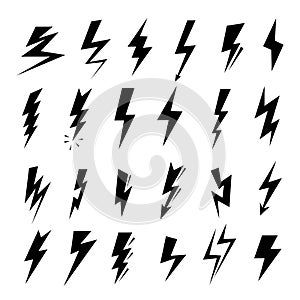 Lightning bolt icons. Speed of flash, thunderbolt storm symbols and electric power vector pictogram set