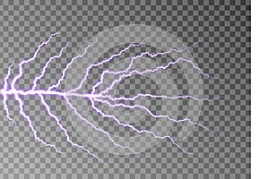 Lightning bolt isolated on dark checkered background. Transparent thunderbolt effect. Realistic lightning decoration pattern.