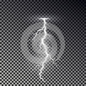 Lightning bolt isolated on dark checkered background. Transparent thunderbolt flah effect. Realistic