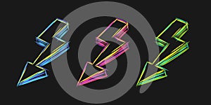 Lightning bolt neon line sketck illustration set in different colors photo