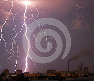 Lightning bolt over city