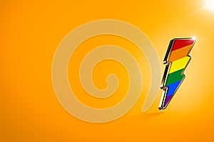 Lightning bolt with rainbow colors on it as pride symbol and movement for gender equality concept.  on orange background