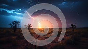 a lightning bolt is seen in the distance over a desert