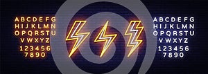 Lightning bolt set neon signs. Vector design template. High-voltage neon symbol, light banner design element colorful