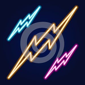 Lightning bolt set neon signs. Vector design template. High-voltage neon symbol, light banner design element colorful modern
