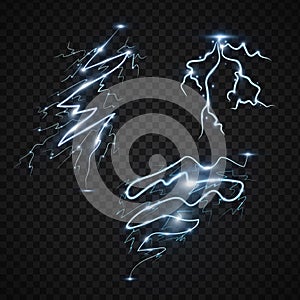 Lightning bolt storm strike realistic 3d light thunder-storm magic and bright lighting effects vector illustration.