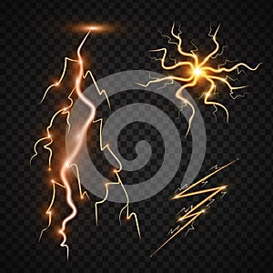 Lightning bolt storm strike realistic 3d light thunder-storm magic and bright lighting effects vector illustration.