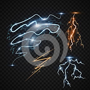 Lightning bolt storm strike realistic 3d light thunder-storm magic and bright lighting effects vector illustration.