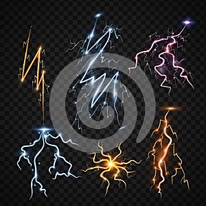 Lightning bolt storm strike realistic 3d light thunder-storm magic and bright lighting effects vector illustration.