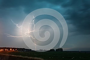 A lightning bolt strikes down to earth in the province of Zeeland, The Netherlands