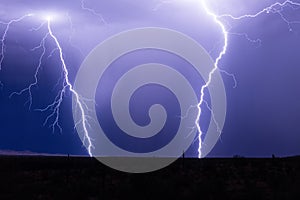 Lightning bolt strikes from a thunderstorm in the desert