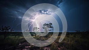 a lightning bolt strikes over a field with trees and grass