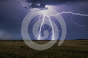 Lightning bolt strikes through sky over open field, dramatic energy