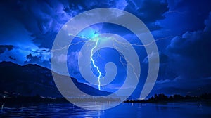 A lightning bolt is striking the clouds above a body of water, AI