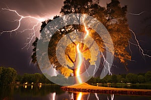 lightning bolt striking a tree during a storm