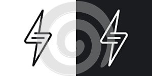 Lightning bolt or thunderbolt icon for weather forecast application or widget. Two-tone version on black and white