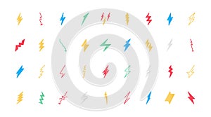 Lightning bolts flat icon set, symbols of electric energy, power, electricity danger.