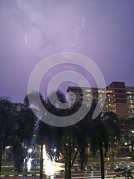 Lightning bolts and purple skies