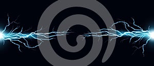 Lightning bolts realistic vector illustration. Powerful thunderstorm electricity discharge isolated on black background