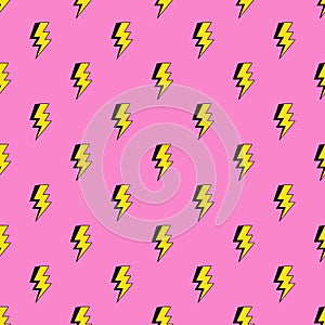 Lightning bolts seamless pattern in cartoon, comic style. Thunder lights wallpaper. Bright pink background. photo