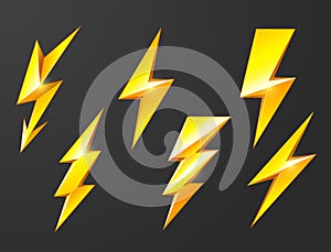 Lightning bolts set, thunderbolt and short circuit icons, electric discharge and lightning strike