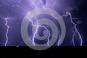 Lightning bolts strike from a storm