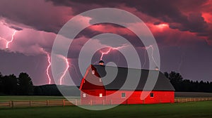 Lightning bolts strikes an old red barn