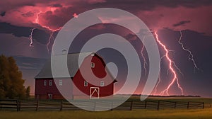 Lightning bolts strikes an old red barn