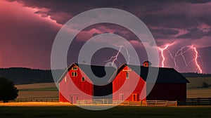 Lightning bolts strikes an old red barn