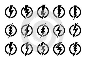 Lightning bolts vector logo set. Concept of energy and electricity. Flash in the circle. Power and electric symbols