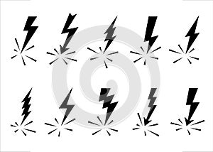 Lightning bolts vector logo set. Concept of energy and electricity. Flash collection. Power and electric symbols, high