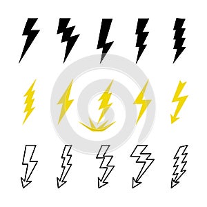 Lightning bolts vector logo set. Concept of energy and electricity. Flash with rays. Power and electric symbols, high
